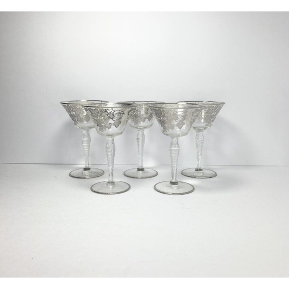 SILVER CITY Glass Silver Overlay 5 Wine Glasses 5 5/8” 8oz VTG MCM 60s GrapeLeaf - Picture 1 of 3